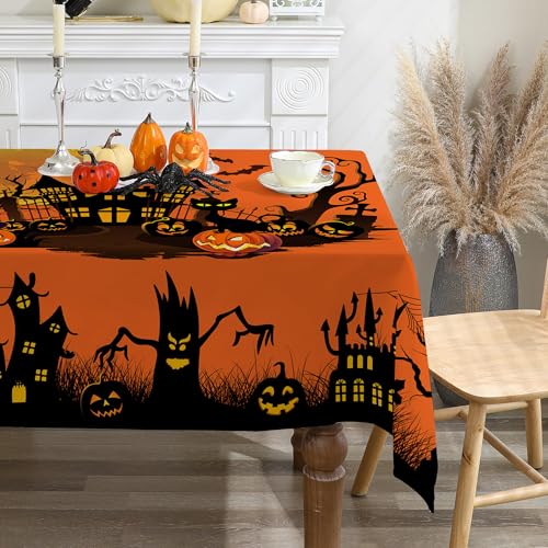Halloween Square Tablecloth 52x52 Inches with Jack's Lantern Design - Orange Castle Variation