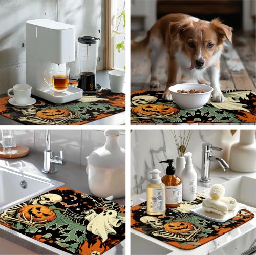 Halloween Ghost Skeleton Dish Drying Mat 18x24 Inch for Kitchen Counter - Spooky Fall Design