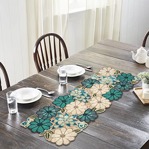 Christmas Beaded Table Runner 13x36 Inch - Teal Multi, Rustic Farmhouse Style