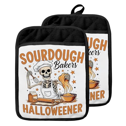 Halloween Skeleton Pot Holders with Pockets - Heat Resistant Oven Mitts for Baking & Cooking