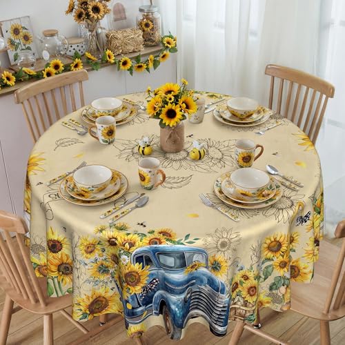 Sunflower Tablecloth 70 Inch Round - Blue Truck and Gnome Design, Washable Summer Decor