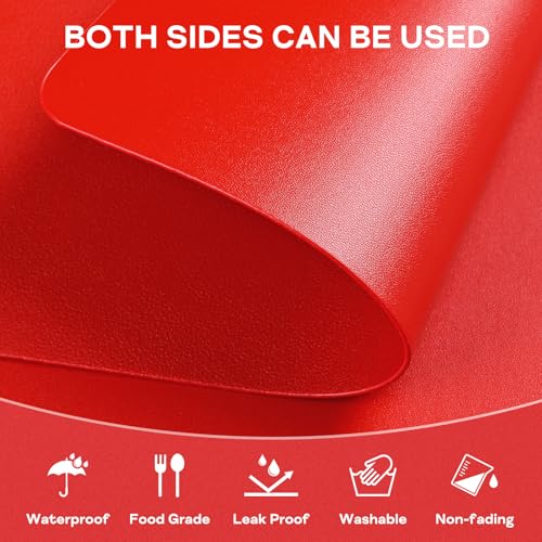 Red Vinyl Placemat Set of 6 Waterproof Heat-Resistant Table Mats for Dining & Kitchen