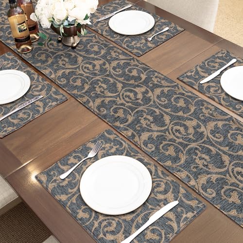 Chenille Damask Table Runner 72 Inch Blue-Grey & Khaki Variation of THIS listing