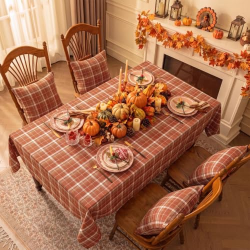 Orange Checkered Fall Tablecloth - Rectangular 60 x 84 Inches, Thanksgiving Decor