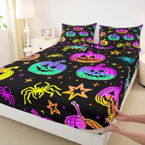 Rainbow Pumpkin Halloween Lantern Fitted Sheet Queen Size - Spiderwebs Glitter Stars Galaxy Bedding Set with Variation Multi 10
