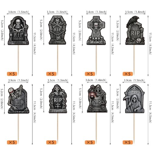 Halloween Tombstone Cupcake Toppers Cemetery Graveyard Zombie Skeleton Hands - Design 25, 40 Pack