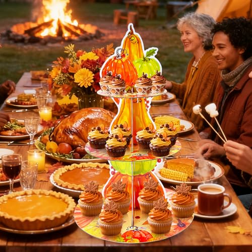 Orange 3-Tier Pumpkin Cupcake Stand - Autumn Harvest Dessert Display for Fall Parties