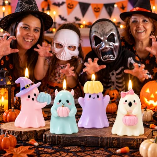 Pastel Halloween Ghost Candle Set - Pumpkin & Witch Hat Figurines, 4 Pack