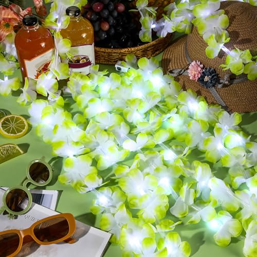 LED Light Up Hawaiian Flower Leis Necklace - Emerald Green, 24 Pcs