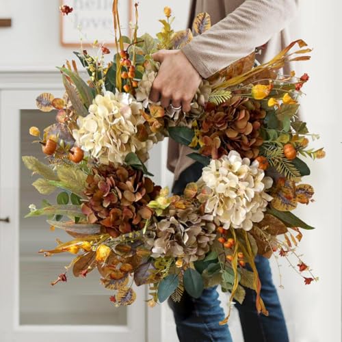 24 Inch Fall Wreath with Hydrangea & Mini Pumpkins - Rustic Front Door Decor - Variation: 10 Rusty Hydrangea