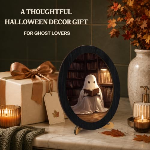 Vintage Ghost Library Halloween Oval Wall Art Frame - Bookish Ghost Variation