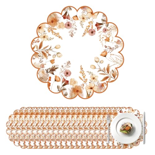 Fall Floral Paper Placemats - Scalloped Boho Design, 100 Pack for Autumn Events