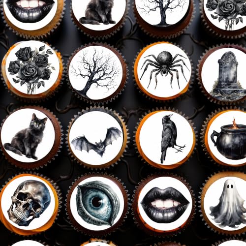 Gothic Halloween Edible Cupcake Toppers 36PCS - Black Cat Bat Castle Design D- Gothic