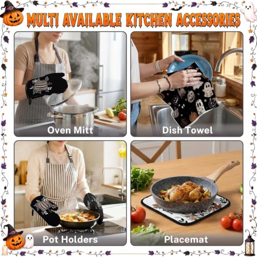 Halloween Ghost Kitchen Decor Set with Towels & Oven Mitts - Neutral Spooky Style