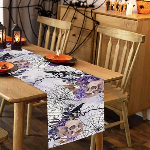 Purple Gothic Skull Halloween Table Runner - 13x48 inch Modern Design