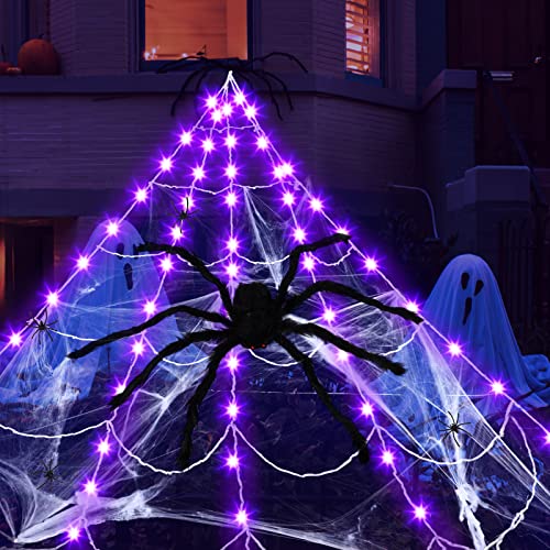 Outdoor Halloween Spider Web Lights Set - 135 LED Purple Lights & Giant Spider