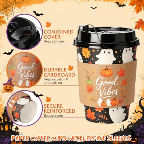 Halloween Disposable Coffee Cups 12 oz with Dome Lids & Sleeves Fall Ghost Style - 100 Pack