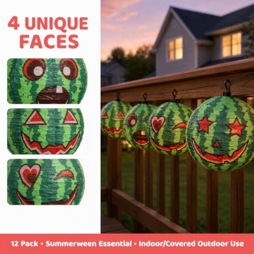 Watermelon Paper Lanterns Hanging Decorations - 12 Pack for Summer Halloween Events