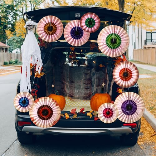 Halloween Eyeball Paper Fan Decorations - 9 Pcs Spooky Hanging Fans, Various Sizes