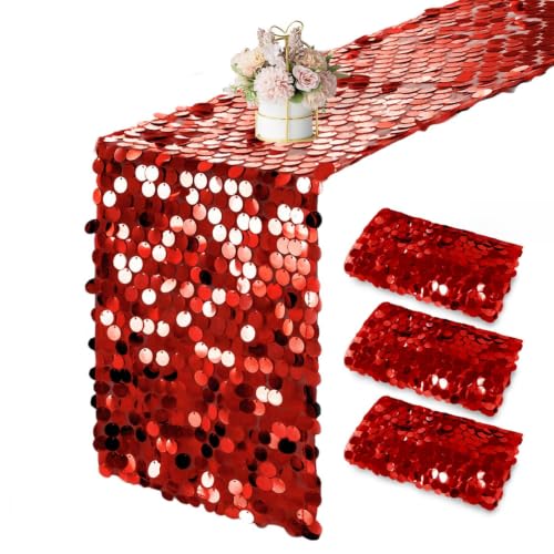 Red Sequin Table Runner Set - 3 Pack 12x108 Inch Glitter Rectangle Table Decor for Weddings Parties Holidays
