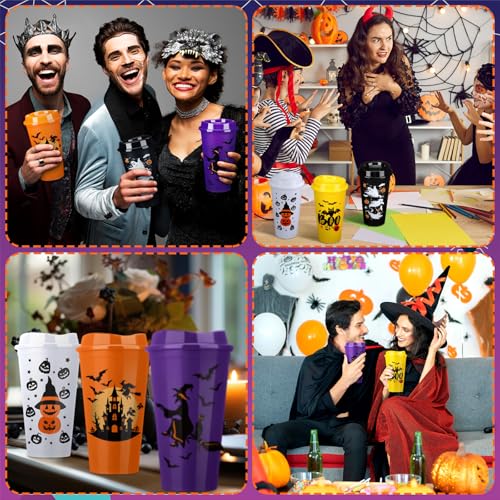 12 Pack Halloween Tumblers 16 oz Witch Plastic Cups with Lid - Spooky Drinkware