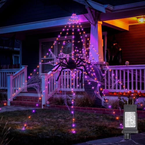 Brightown Halloween Decorations Outdoor - Orange & Purple Giant Spider Web Lights with 8 Modes