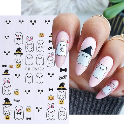 Halloween Ghost Nail Stickers Set - White 1 - 4 Sheets Self-Adhesive 3D Decals for Nails