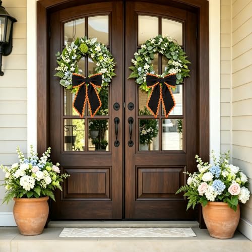 Wreath Sash for Front Door 2 Pack - Black with Orange Halloween Decorations