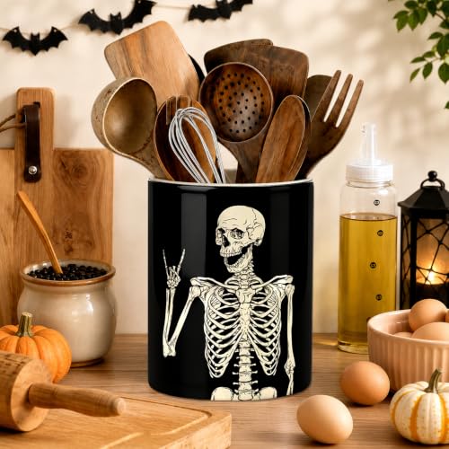 Skull Ceramic Kitchen Utensil Holder - Edgy Skull Design for Countertop, Rustic Farmhouse Decor