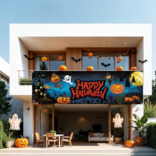 Halloween Fence Banner 118x35 Inch - Outdoor Waterproof Yard Decoration with Ghosts & Pumpkins - 10x3FT Variation 283-1