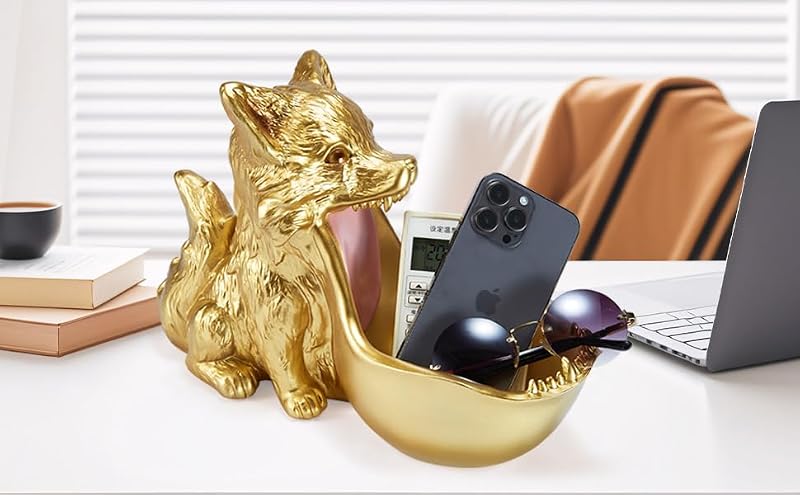 Black Wolf Resin Fox Statue with Gold Finish - Home Decor & Gift