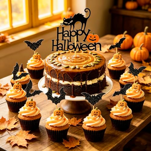 Halloween Cupcake Toppers Black Bat & Cat Style Set - 25 Pieces, Style-2