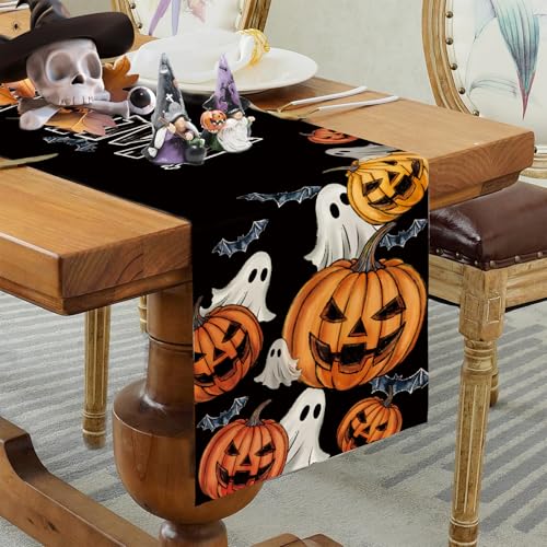 Halloween Ghost Pumpkin Boo Spider Web Table Runner 13x90 Inch - Seasonal Fall Decor