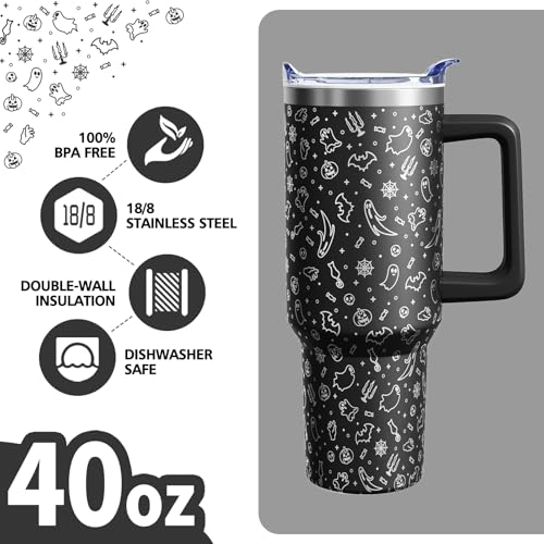 Halloween Ghost 40oz Tumbler Cup with Handle & Straw - Black Ghost Variation