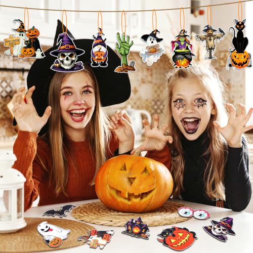 Halloween Wooden Tree Ornaments Set - 36 Spooky Holiday Decorations