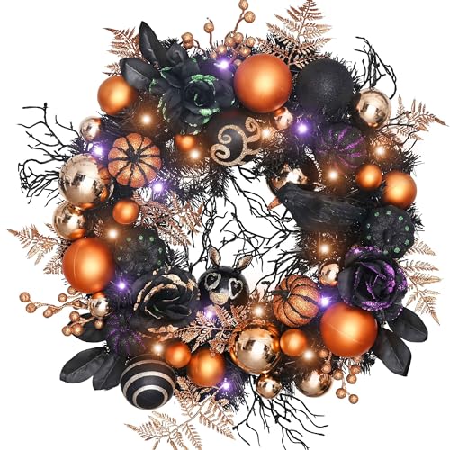 Valery Madelyn 24-Inch Halloween Wreath with Lights for Front Door Party Decor - Variation of THIS listing