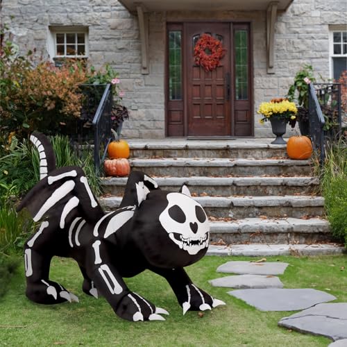 Skeleton Cat Blow Up Inflatable - 6 ft Outdoor Halloween Yard Decor with Lights