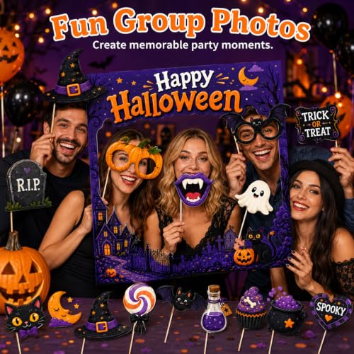 Halloween Photo Booth Props Kit with Selfie Frame - Orange, 16 Pieces