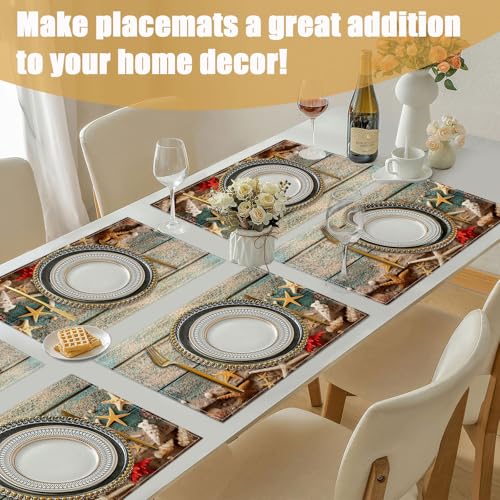Beach Starfish Placemats Set of 6 - Nautical Linen Table Mats for Kitchen & Dining