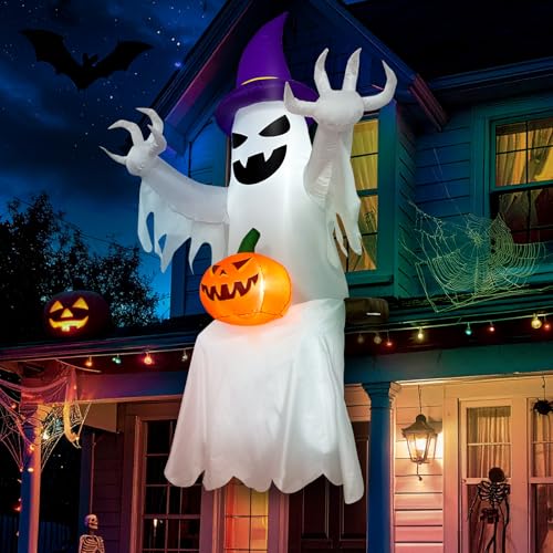 8 FT Ghost Inflatable Halloween Decorations with Witch Hat & Pumpkin - Spooky Yard Decor