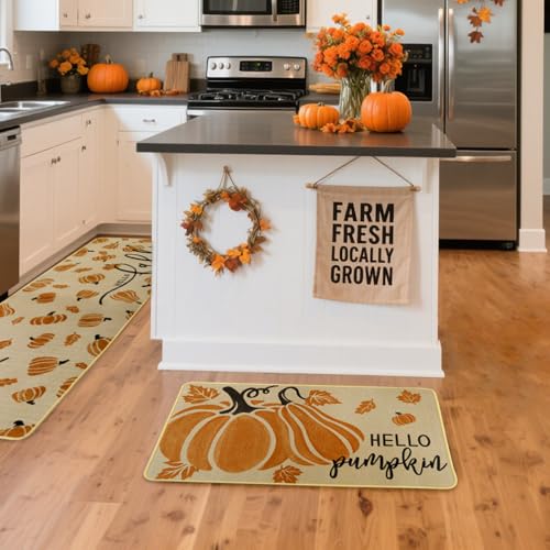 Hello Pumpkin Autumn Kitchen Rugs Set of 2 - Fall Leaves Decor, Orange Variation