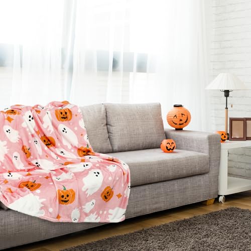 Halloween Fuzzy Flannel Throw Blanket 60x70 Inch Pink Ghost Pumpkin Design