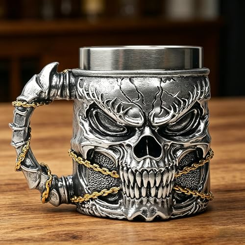Silvery Skull Mug - 15.8oz Stainless Steel Drinkware with Resin Outer