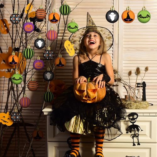 Halloween Ghost Ball Ornaments - 24 Pack, 1.57 Inch Plastic Tree Decorations