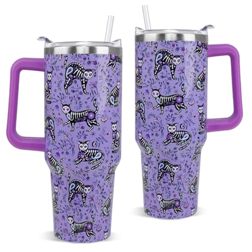 Purple Skull Cat Tumbler 40oz Insulated Travel Mug with Handle & Straw Gothic Gift