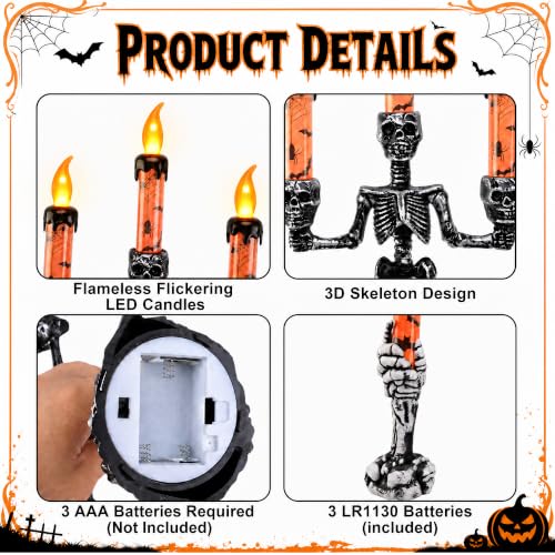 Halloween Skeleton Candelabra LED Candle Holders Set - Skull Decor for Parties