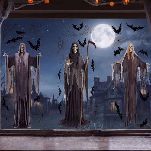 Halloween Skeleton Window Clings - Extra Large Ghost & Bat Decor, 3 Sheets
