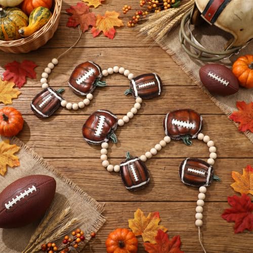 Football Pumpkin Felt Garland with Wood Beads - Fall Harvest Decor 4 ft