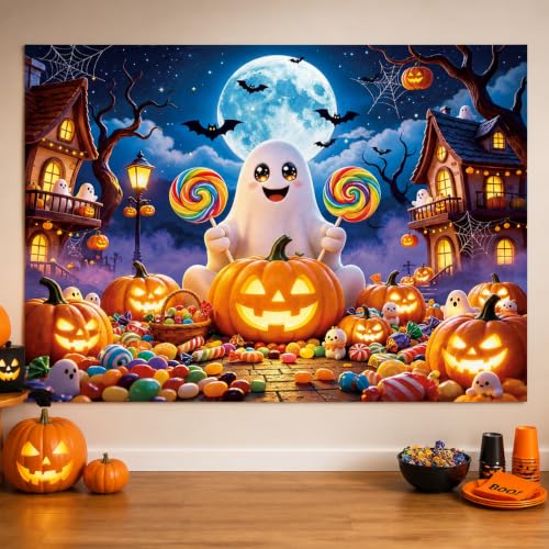 Halloween Backdrop Cute Ghost Pumpkin Candy Theme - 8x6FT - Kid Party Decor