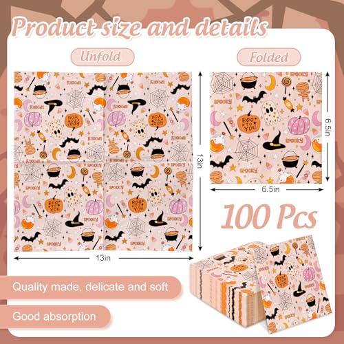 Halloween Ghost Pumpkin Spider Web Paper Napkins Set - Pink 100 Pack - Party Supplies